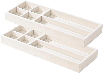 2Pcs Desk Drawer Storage Tray, Nightstand Organizer, Necklace Bracelet Ring Earring Jewelry Display, Grid Table Organizer Holder for Sunglass, Phone, Watch, Perfume (6 grid)/Beige