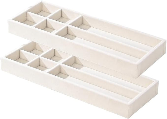 2Pcs Desk Drawer Storage Tray, Nightstand Organizer, Necklace Bracelet Ring Earring Jewelry Display, Grid Table Organizer Holder for Sunglass, Phone, Watch, Perfume (6 grid)/Beige