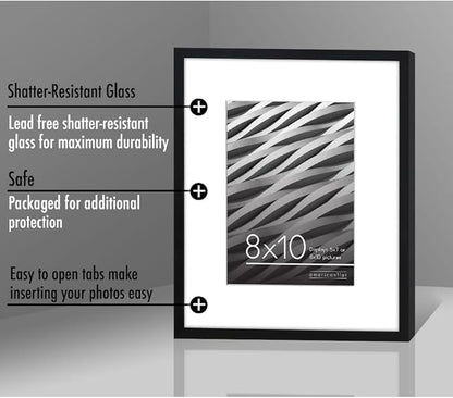 Americanflat 8x10 Picture Frame with Shatter-Resistant Glass - Use as 5x7 Frame with Mat or Display 8x10 Photo Without Mat - Streamline Collection - Picture Frames for Tabletop and Wall - Black