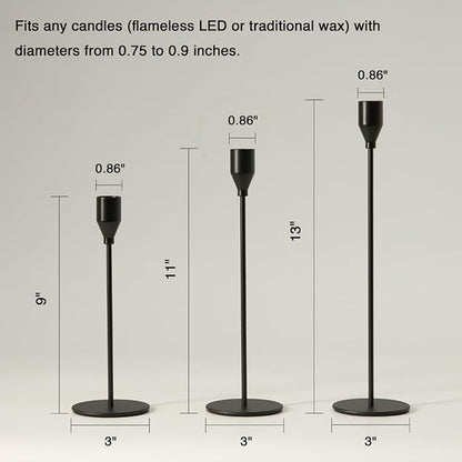 Solid Iron Taper Candle Holders Set of 6 - Modern Matte Black Candlesticks (9/11/13 Inch), Weighted & Rust-Proof Metal Candle Stand for Fireplace Table Centerpiece