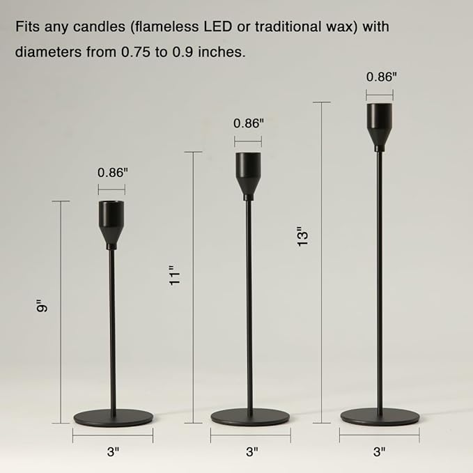 Solid Iron Taper Candle Holders Set of 3 - Modern Matte Black Candlesticks (9/11/13 Inch), Weighted & Rust-Proof Metal Candle Stand for Fireplace Table Centerpiece