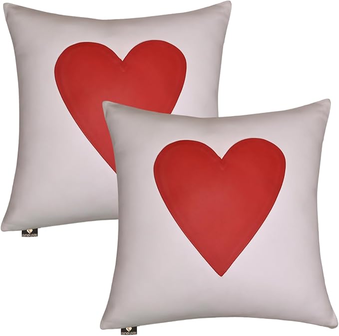 LL LEATHER LOVERS Genuine Lambskin Leather Pillow Cover, 18x18 Inch Case for Lumbar Throw Couch Pillows, Thick & Soft Cushion Covers for Sofa Bed Home Décor (Red Heart & White Plain Pack of 2)