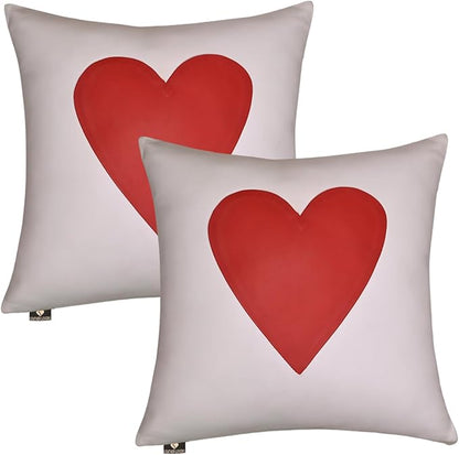LL LEATHER LOVERS Genuine Lambskin Leather Pillow Cover, 22x22 Inch Case for Lumbar Throw Couch Pillows, Thick & Soft Cushion Covers for Sofa Bed Home Décor (Red Heart & White Plain Pack of 2)