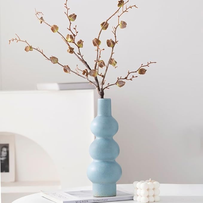 Matte Blue Ceramic Vase, 11-Inch Textured Bubble Stacked Ball Flower Vase, Minimalist Nordic Home Decor Accents for Modern Shelf, Coffee Table, Mantel, Boho Aesthetic Gift (Multi-Tier Design)