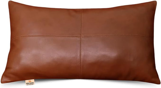 100% Lambskin Leather Pillow Cover - Sofa Cushion Case - Decorative Throw Covers for Living Room & Bedroom, 14X22 Inch - Camel Antique Plain Pack of 1