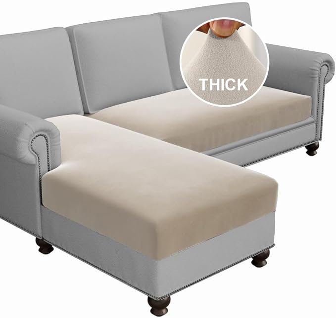 H.VERSAILTEX Fleece 2 Piece Sectional Couch Covers L Shape Stretch Couch Cushion Covers Thick and Soft Sofa Covers for Sectional Sofa Set Washable (2 Seater + 1 Chaise, Island Fossi)