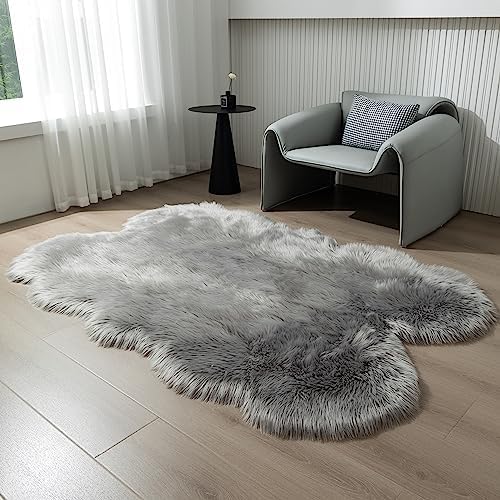 Fluffy Faux Fur Rug Grey Sheepskin Area Rug,4x6 Ft Ultra Soft Shaggy Plush Rug for Bedroom Bedside Living Room Nursery Kids Room