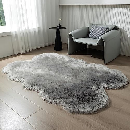 Fluffy Faux Fur Rug Grey Sheepskin Area Rug,4x6 Ft Ultra Soft Shaggy Plush Rug for Bedroom Bedside Living Room Nursery Kids Room
