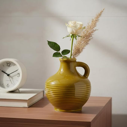 Sunddo Brown Ceramic Vase 6 Inch - Small Rustic Decorative Vase with 1 Handle for Farmhouse Home Decor, Shelf, Bathroom, or Coffee Table