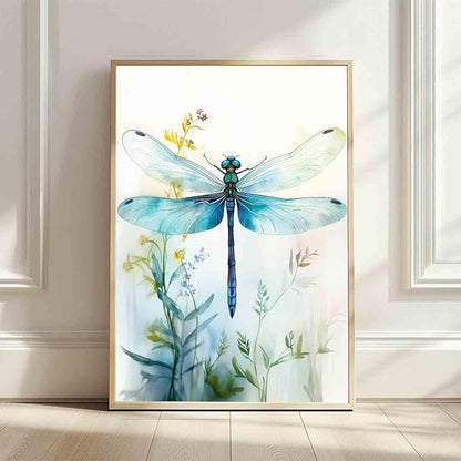 Watercolor Dragonfly Canvas Wall Art Teal Dragonfly Picture Animal Paintings Watercolor Insect Poster Vintage Insect Canvas Flowers Picture Retro Abstract Living Room Decor 16x24inch No Frame
