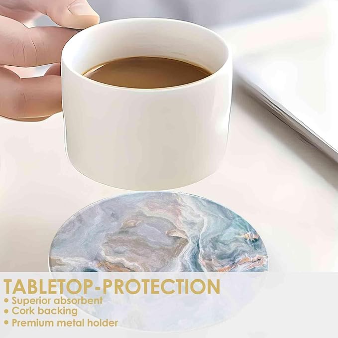 Drink Coasters with Holder 6 Pack, Ceramic Marble Style, Absorbent Abstract Coasters Set, 4in Cup Mat for Any Cups, Home, Living Room Decor, Tabletop-Protection for Coffee Beverage-Light Blue