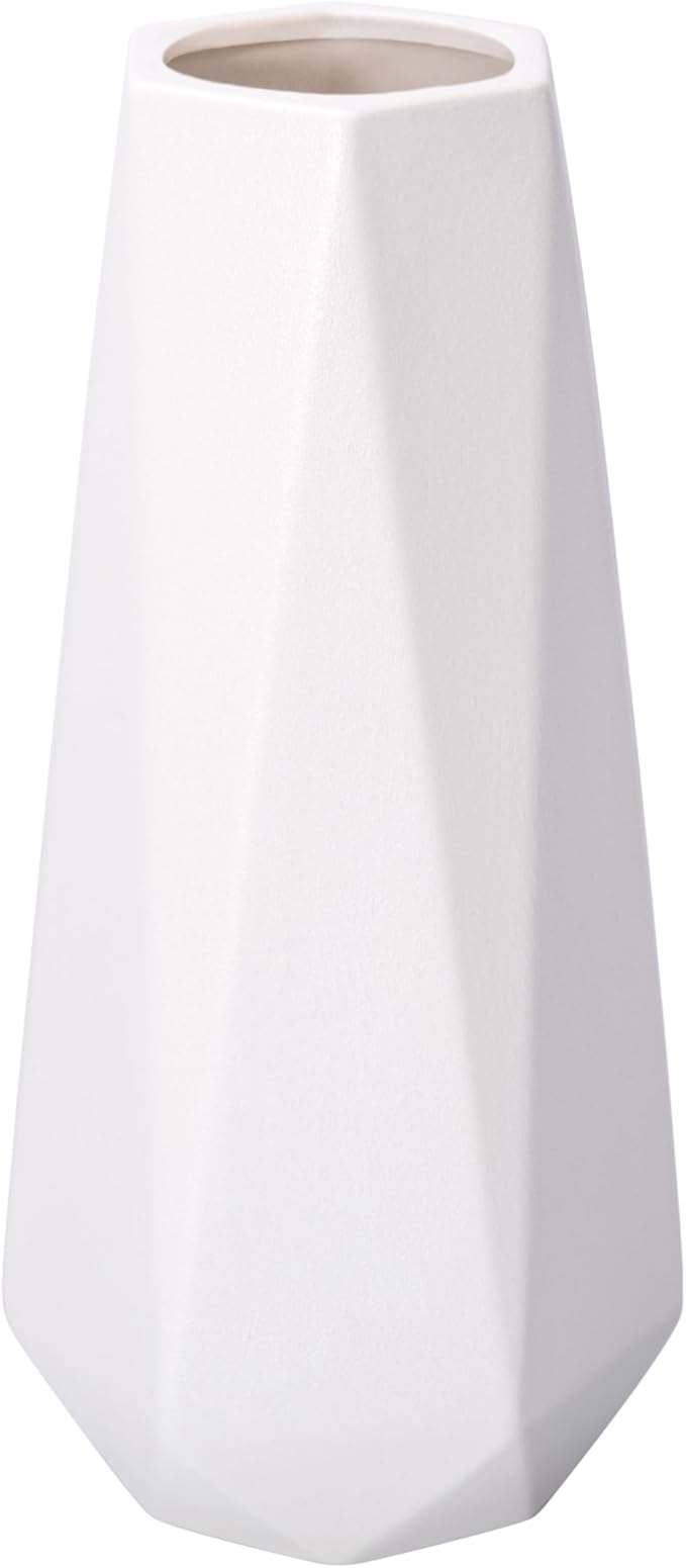D'vine Dev 11 Inch Snow White Ceramic Vase, Geometric Handmade Craft Flower Vase with Design Box Packaged, VS-GM-SW-11