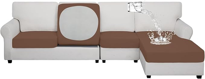 Easy-Going 100% Waterproof 4 Pieces Couch Cushion Covers for Sectional Sofa Left/Right L Shape Chaise Lounge Sofa Seat slipcover Anti-Slip Sofa Cover (3 Seater + 1 Chaise, Brown