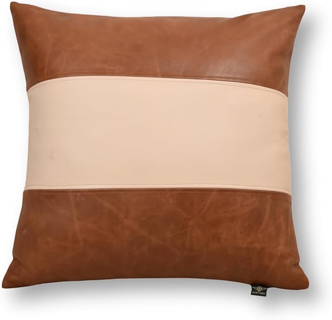 Lambskin Leather Pillow Cover - Sofa Cushion Case - Decorative Throw Covers for Living Room & Bedroom, 14x14 Inches - Tan & Off - White Plain Pack of 2