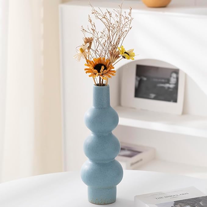 Matte Blue Ceramic Vase, 11-Inch Textured Bubble Stacked Ball Flower Vase, Minimalist Nordic Home Decor Accents for Modern Shelf, Coffee Table, Mantel, Boho Aesthetic Gift (Multi-Tier Design)