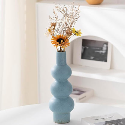 Matte Blue Ceramic Vase, 11-Inch Textured Bubble Stacked Ball Flower Vase, Minimalist Nordic Home Decor Accents for Modern Shelf, Coffee Table, Mantel, Boho Aesthetic Gift (Multi-Tier Design)