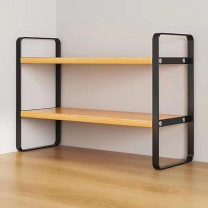 Hbluefat Desktop Organizer Shelf, 2-Tier Multipurpose Tabletop Storage Bookshelf, Small Wooden Countertop Storage Rack for Home Office Kitchen (Wood+Black)