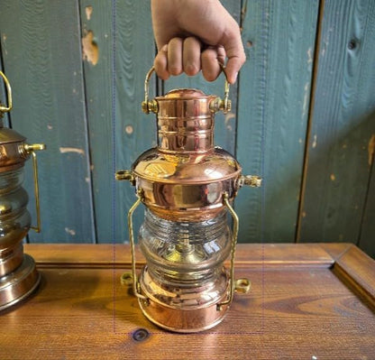 Antique Marine Brass Copper Lantern – Vintage Ship Oil Lamp with Clear Glass Lens for Nautical Home Décor, Collectors & Maritime Display