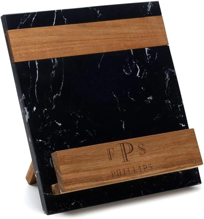 Personalized Cookbook Stand – Custom Engraved Acacia Wood & Black Marble Recipe Book Holder with Weighted Base – Rustic Design, Tablet & Cookbook Stand for Kitchen Counter, 12 × 11 × 7.5 