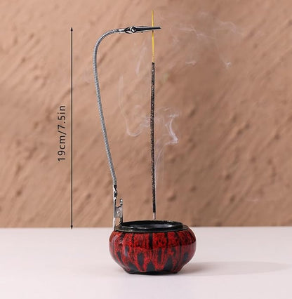Incense Burner with Calabash Incense Stick Holder - Porcelain Charcoal Censer for Use with Resin Granular Powder Cone or Coil Incense (Kiln-Colored Red)