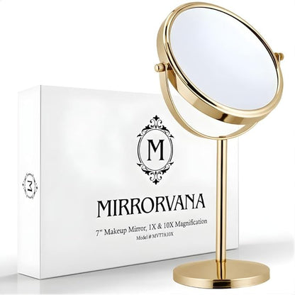 MIRRORVANA 10X Magnifying Makeup Mirror on Round Stand for Tabletop, Bedroom Vanity Desk and Bathroom Counter - Free Standing Double Sided 10X/1X Magnification Mirror - 7" Wide and 14" Tall (Gold)