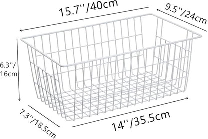 Slideep Farmhouse Metal Wire Basket, Fridge Freezer Storage Organizer Bins with Handles for Kitchen Cabinets, Pantry, Closets, Bedrooms, Bathrooms, White 3 Pack