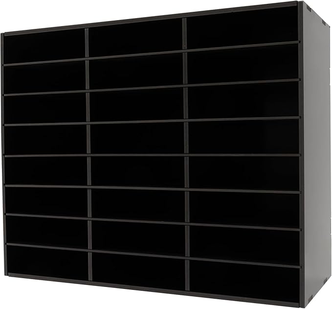 Literature Organizer with 24 Compartments | Adjustable Desktop File Sorter Mail Center for Home, Office & Classroom | PVC Paper Storage Cabinet with Shelves (Black, 24 Compartments)