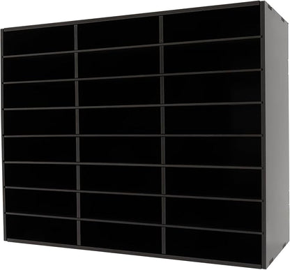 Literature Organizer with 24 Compartments | Adjustable Desktop File Sorter Mail Center for Home, Office & Classroom | PVC Paper Storage Cabinet with Shelves (Black, 24 Compartments)
