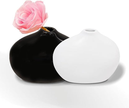 Black and White Ceramic Vase Set of 2, Cute Oval Ceramic vases, Small Modern Home Decor Flower Vase, vases for centerpieces, Bud vases for Decor, Farmhouse Small Ceramic vases Set