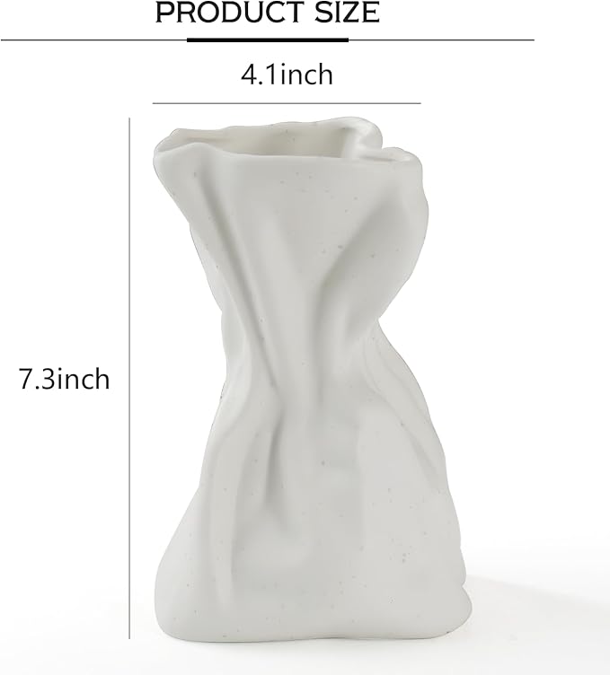 Paper Bag Vase, Unique Crinkle Grab Design Matte Ceramic Vase, Boho Flower Vase for Modern Home Decor, Wedding Dinner Table Party Office Decorative(White)