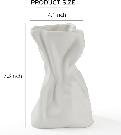 Paper Bag Vase, Unique Crinkle Grab Design Matte Ceramic Vase, Boho Flower Vase for Modern Home Decor, Wedding Dinner Table Party Office Decorative(White)