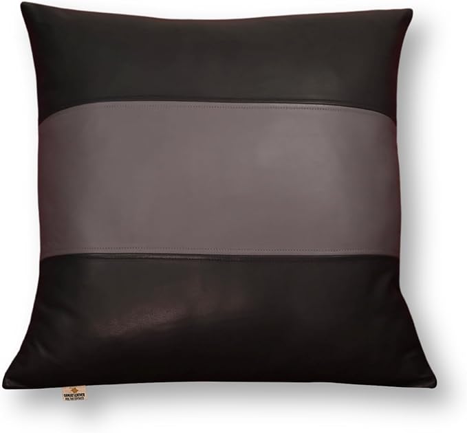 Lambskin Leather Pillow Cover - Sofa Cushion Case - Decorative Throw Covers for Living Room & Bedroom, 22x22 Inches - Black and Grey Plain Pack of 2