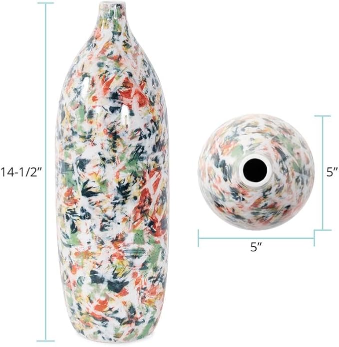Howard Elliott Jardin Colore Multicolor Ceramic Short Vase with Glossy Finish, Modern Abstract Accent Home Decoration Vase for Table Centerpiece, Flowers, Bookshelf & Living Room, 14.5 x 5 x 5 Inch