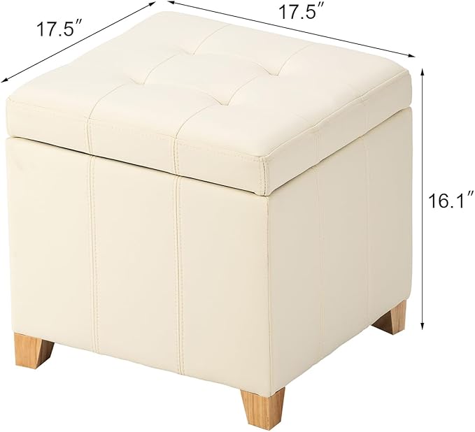 Adeco Faux Leather Storage Ottoman with Hinged Lid, 16 Inch High Light Yellow Ivory Square Cube Foot Stool with Storage, Upholstered Vanity Stool with Solid Wood Legs for Living Room, Bedroom