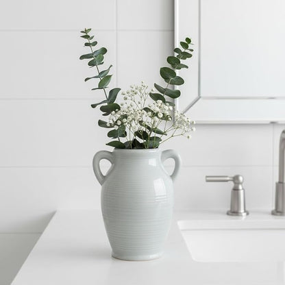 Sunddo Gray Ceramic Vase 8 Inch Modern Decorative Vase with 2 Handles, Neutral Gray Centerpiece for Table, Living Room, Bathroom Decoration, Mantel, Shelf Decor,