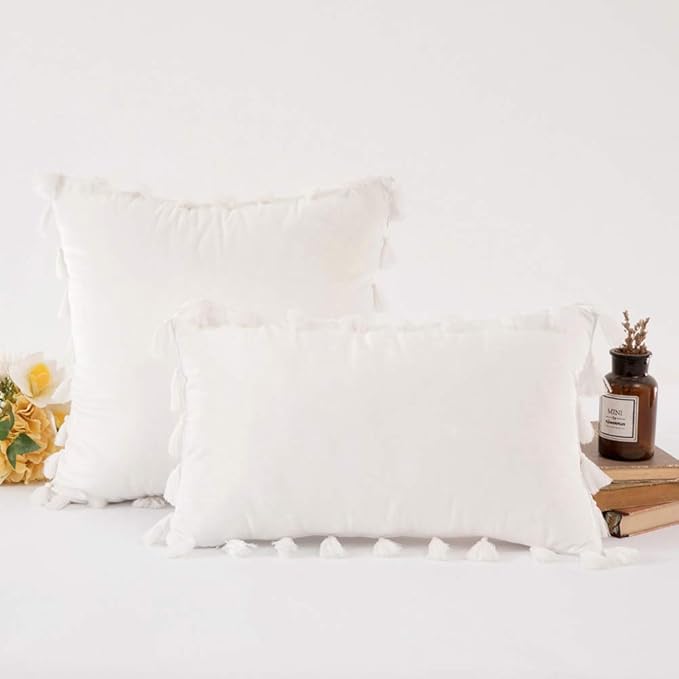 vctops Velvet Soft Solid Decorative Throw Pillow Cover with Tassels Boho Accent Cushion Case for Couch Bedroom Car White 12''x20''