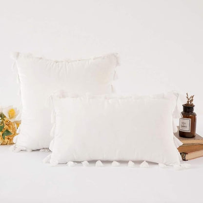 vctops Velvet Soft Solid Decorative Throw Pillow Cover with Tassels Boho Accent Cushion Case for Couch Bedroom Car White 12''x20''