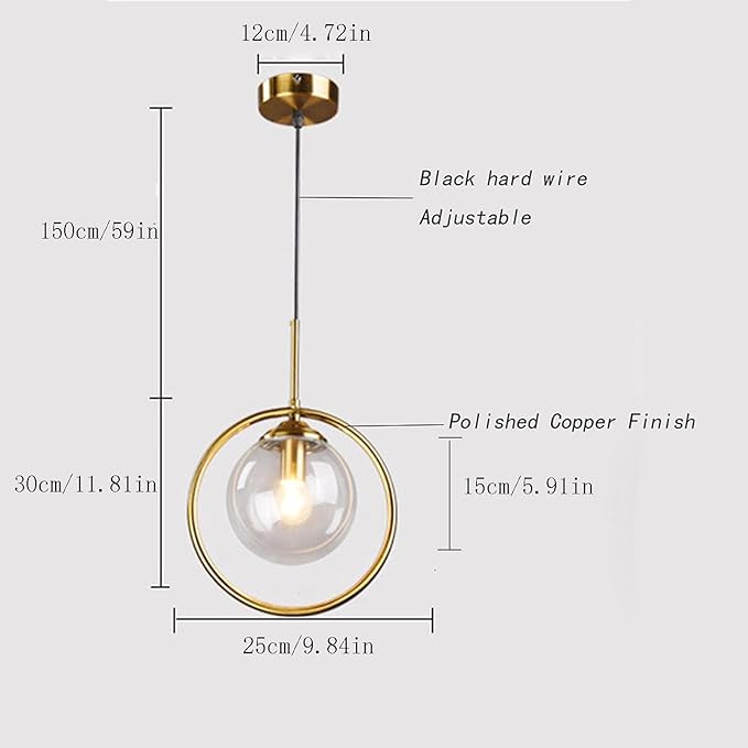 Pendant Light Modern Minimalist Hanging Lamp with Spherical Glass Shade and Brass Metal Ring Adjustable Height for Dining Room Bedroom Living Room (Clear)