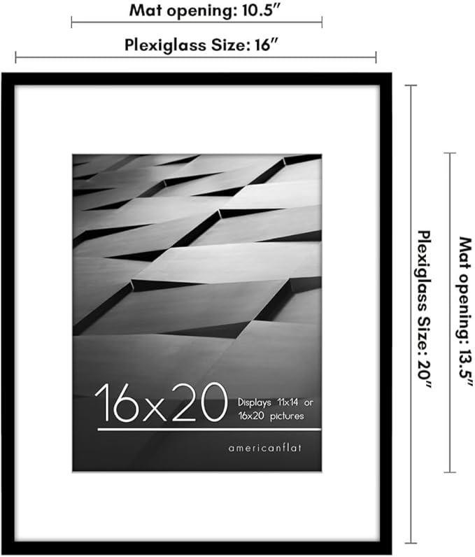 Americanflat 16x20 Picture Frame with Polished Plexiglass - Use as 11x14 Frame with Mat or Display 16x20 Photo Without Mat - Streamline Collection - Thin Border Picture Frames for Wall - Black