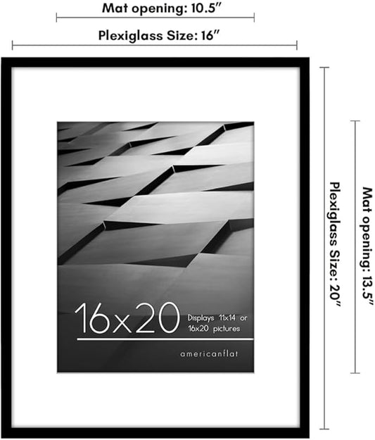 Americanflat 16x20 Picture Frame with Polished Plexiglass - Use as 11x14 Frame with Mat or Display 16x20 Photo Without Mat - Streamline Collection - Thin Border Picture Frames for Wall - Black