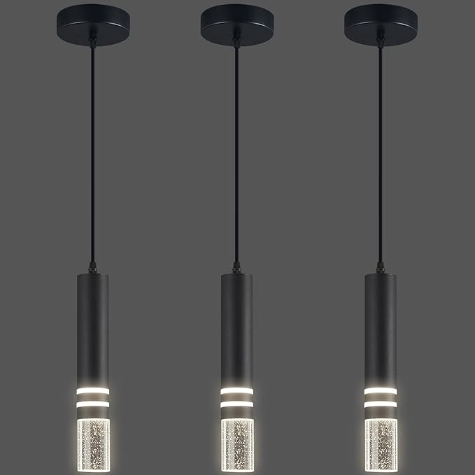 Pendant Lights Kitchen Island, Crystal Pendant Light Fixtures Mini 6W LED Modern Kitchen Pendant Lighting Over Sink and Living Room and Bedroom (Black 3-Pack)