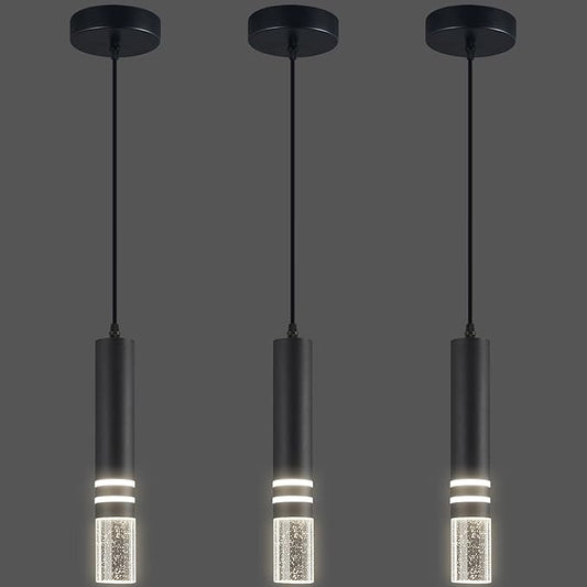 Pendant Lights Kitchen Island, Crystal Pendant Light Fixtures Mini 6W LED Modern Kitchen Pendant Lighting Over Sink and Living Room and Bedroom (Black 3-Pack)