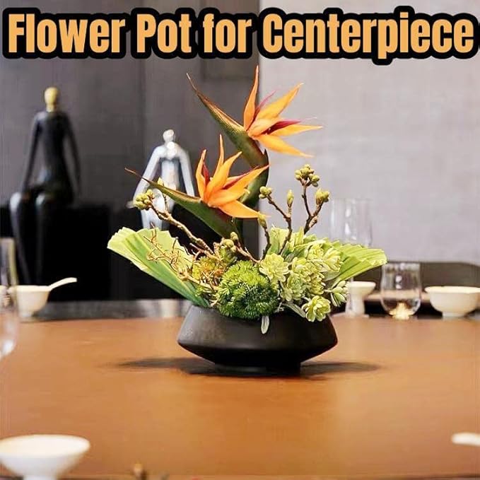 Ceramic Flower Pot Flower Arrangement Set Japanese Ikebana Floral Art Supplies Handmade Flower Bowl Decorative Flower Vase for Centerpieces (Large Black)