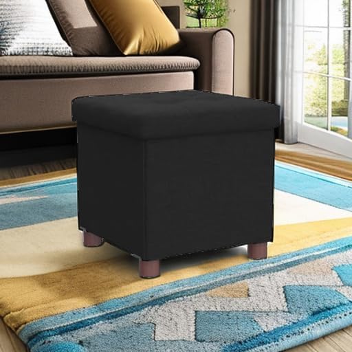 15 Inch Storage Ottoman with Wooden Legs - Cube Foot Rest Stool, Square Footstool, Comfortable Seat with Lid, Foldable Fabric Ottoman, Space-Saving Black
