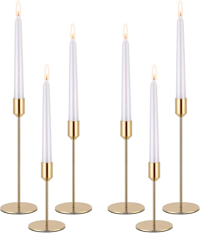Gold Candle Holders Candlestick Holder for Taper Candles, Set of 6 Pcs Decorations Candle Stick Long Holder for Table Centerpieces, Wedding, Dinning, Anniversary, Party(Candles not Include)