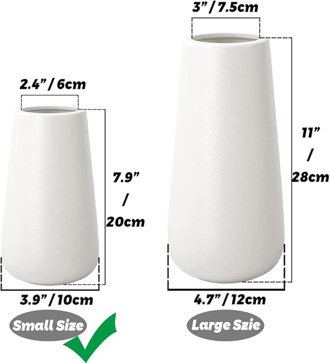 8 Inch Tall Matt White Ceramic Vase for Flowers & Pampas Grass, Classic Rustic Style Decorative Vases for Home Decor Table Centerpieces