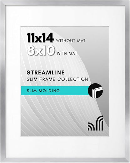 Americanflat 11x14 Picture Frame with Shatter-Resistant Glass - Use as 8x10 Frame with Mat or Display 11x14 Photo Without Mat - Streamline Collection - Thin Border Picture Frames for Wall - Silver