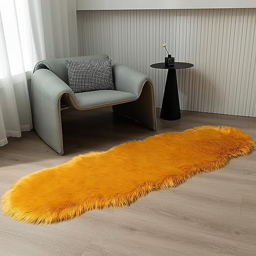 Faux Fur Rug Runner 2x6 ft Yellow - Machine Washable Super Soft Plush Shaggy Fluffy Area Carpet,Sheepskin Rug Fuzzy Floor Mat for Bedroom, Sofa,Living Room, Bedside, Nursery & Kids Room