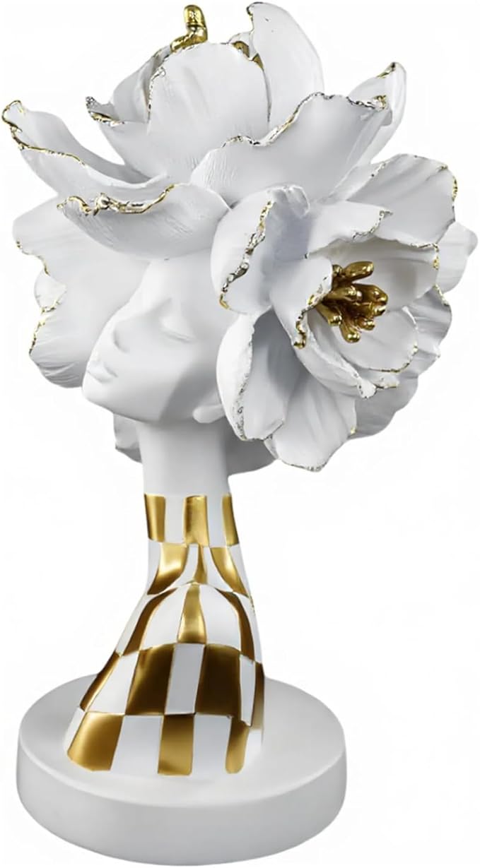 White and Gold African Lady Sculpture – Elegant Resin Figurine with Floral Crown, Modern African Art Decor for Living Room, Cultural Gift for Women