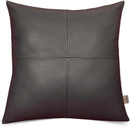 Lambskin Leather Pillow Cover, Hand Panel Stitched Leather Decorative Throw Pillow Covers for Couch Sofa Bed Living Room Garden (16x16 Inches, Dark Grey Pack of 1)